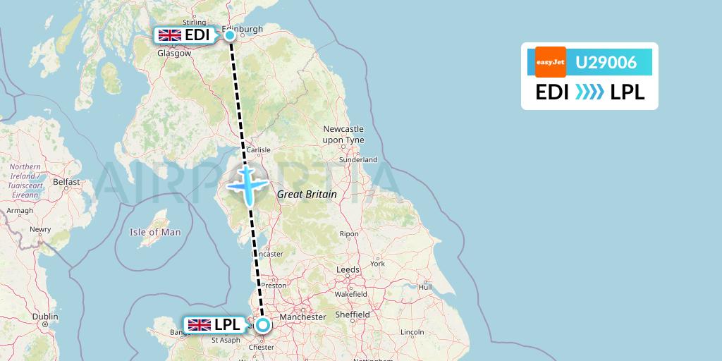 U29006 EasyJet Flight Map: Edinburgh to Liverpool