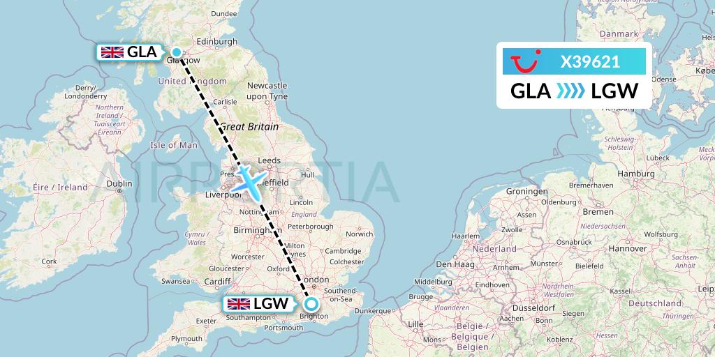 X39621 TUI fly Germany Flight Map: Glasgow to London