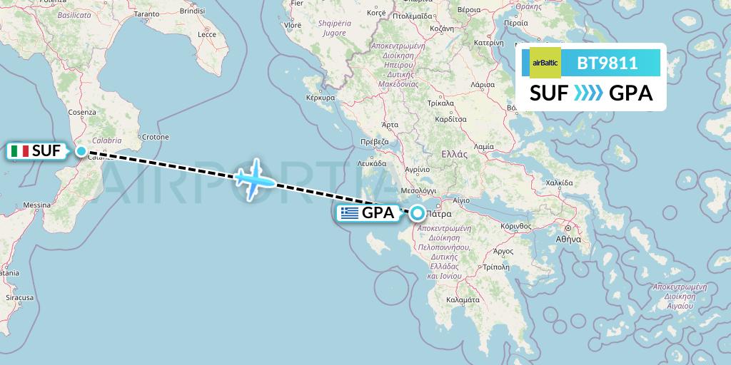 BT9811 Air Baltic Flight Map: Lamezia Terme to Patras