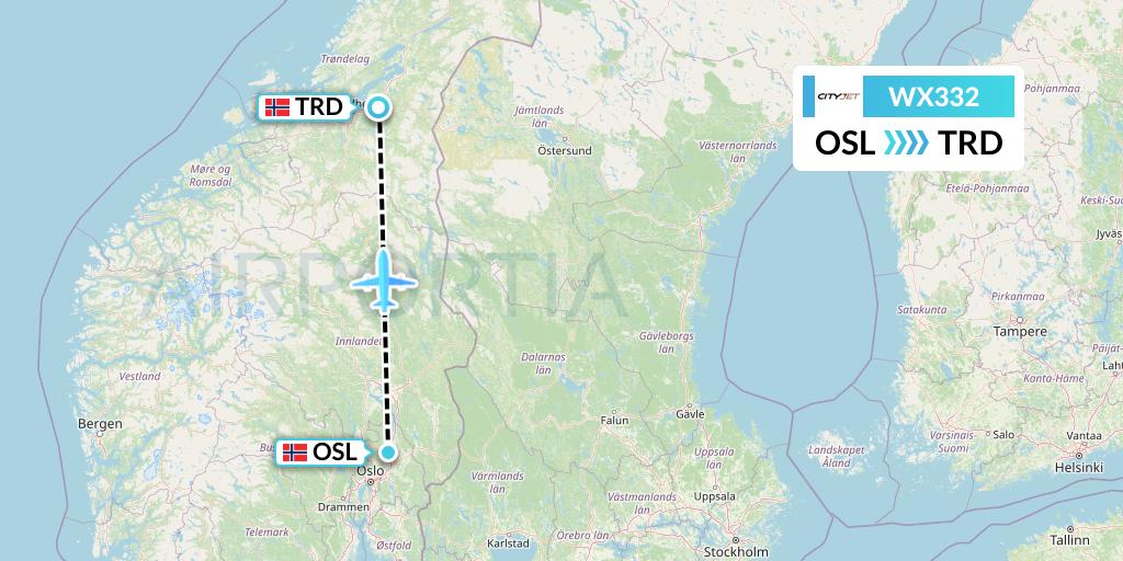 WX332 Cityjet Flight Map: Oslo to Trondheim