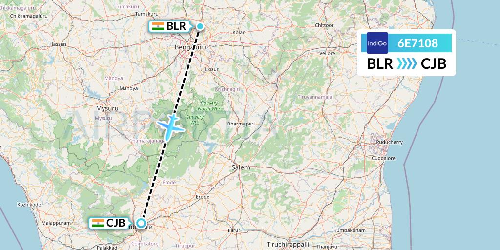 6E7108 IndiGo Airlines Flight Map: Bangalore to Coimbatore