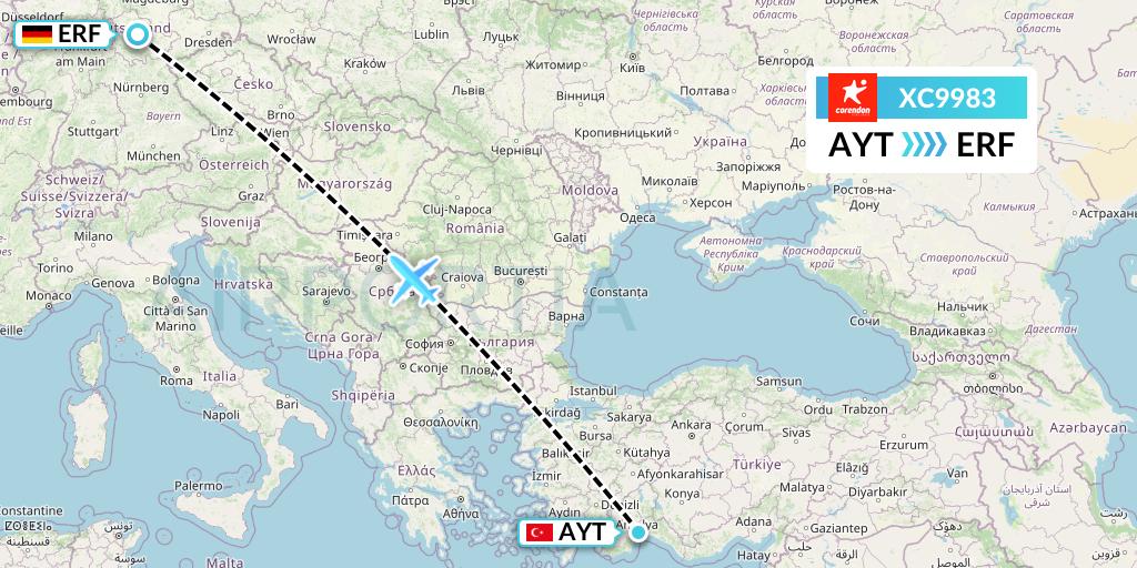 XC9983 Corendon Airlines Flight Map: Antalya to Erfurt