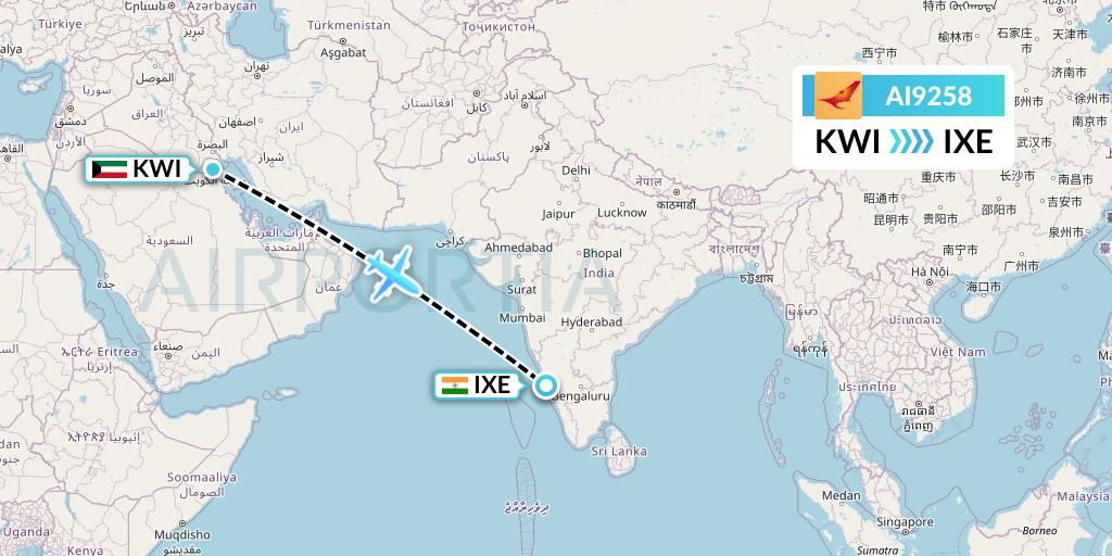 AI9258 Air India Flight Map: Kuwait City to Mangalore