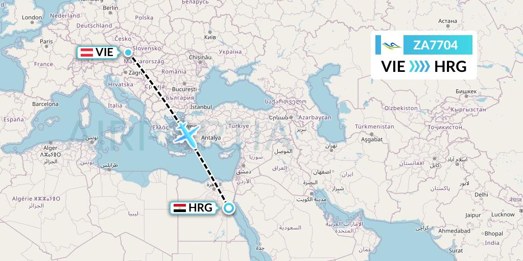 ZA7704 Sky Angkor Airlines Flight Map: Vienna to Hurghada