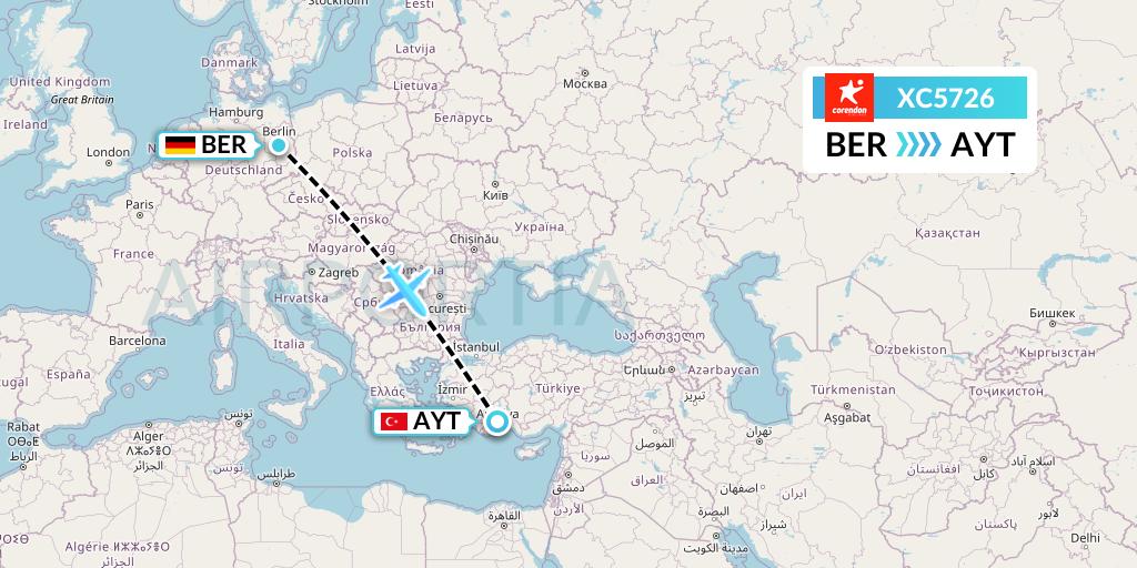 XC5726 Corendon Airlines Flight Map: Berlin to Antalya