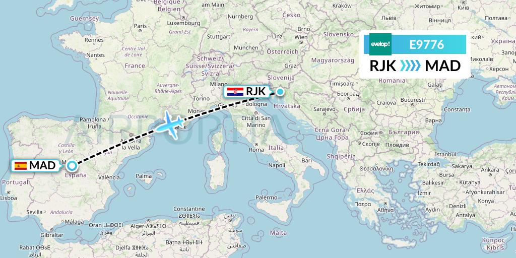 E9776 Evelop Airlines Flight Map: Rijeka to Madrid