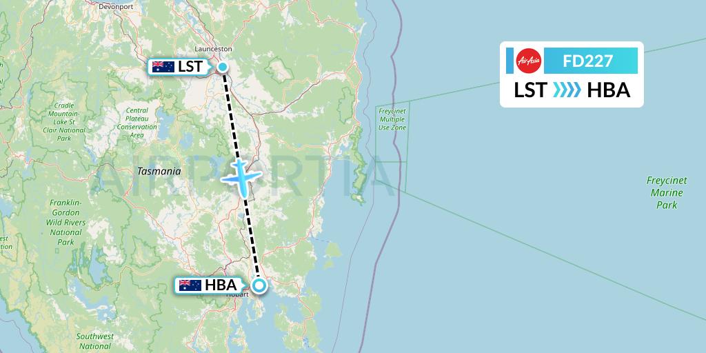FD227 Thai AirAsia Flight Map: Launceston to Hobart