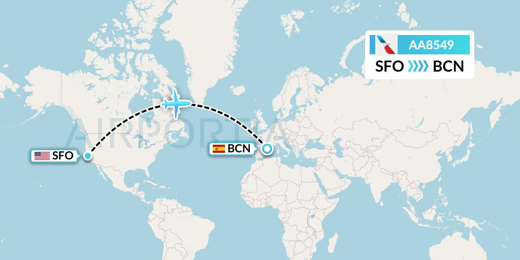 AA8549 American Airlines Flight Map: San Francisco to Barcelona