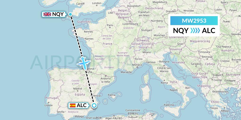 MW2953 Mokulele Flight Service Flight Map: Newquay to Alicante