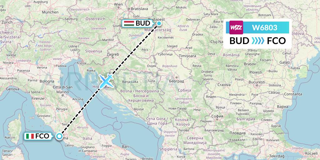 W6803 Wizz Air Flight Map: Budapest to Rome