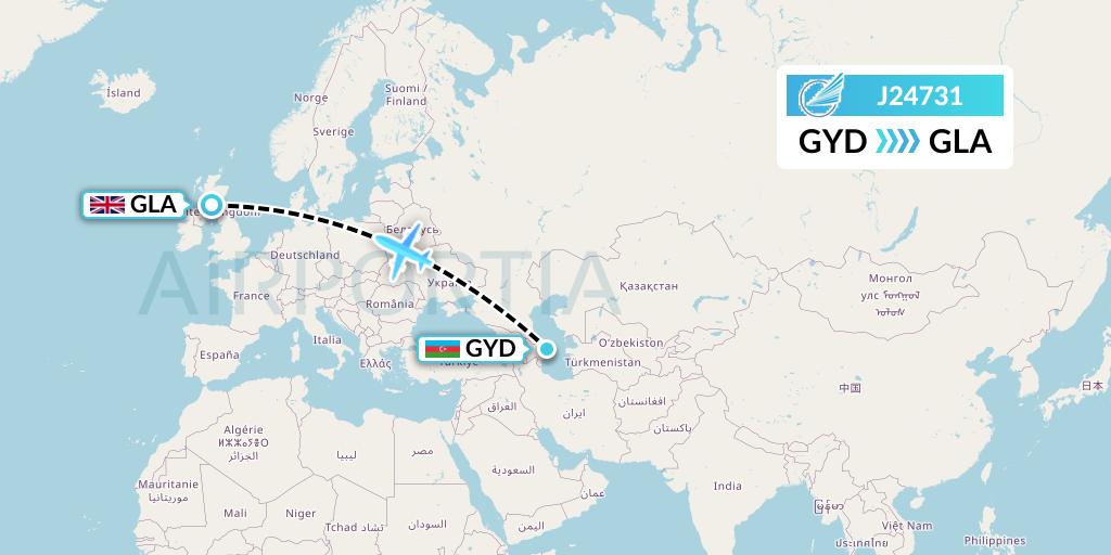 J24731 Azerbaijan Airlines Flight Map: Baku to Glasgow