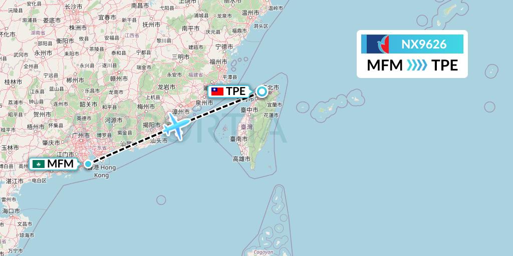 NX9626 Air Macau Flight Map: Macau to Taipei