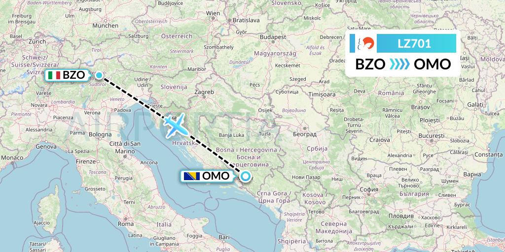 LZ701 Air Link Flight Map: Bolzano to Mostar