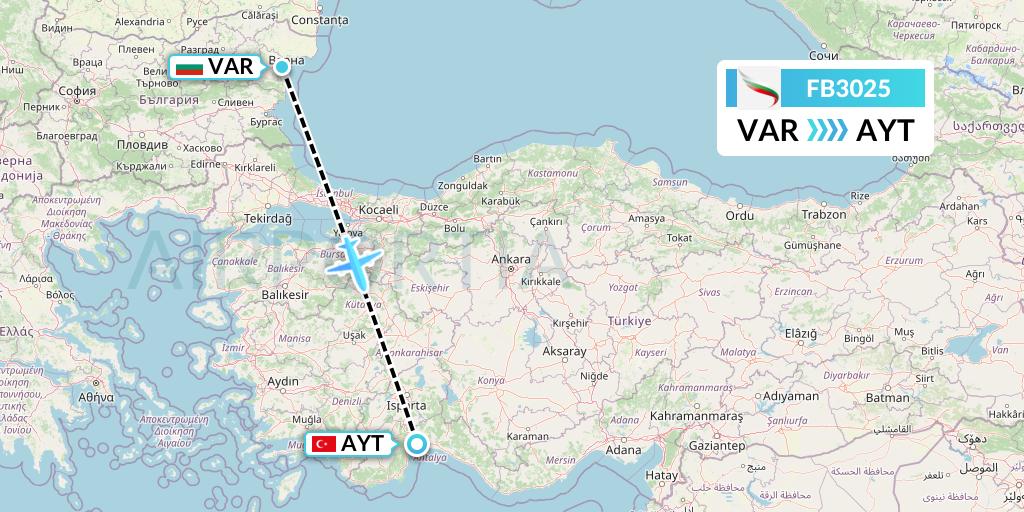 FB3025 Bulgaria Air Flight Map: Varna to Antalya