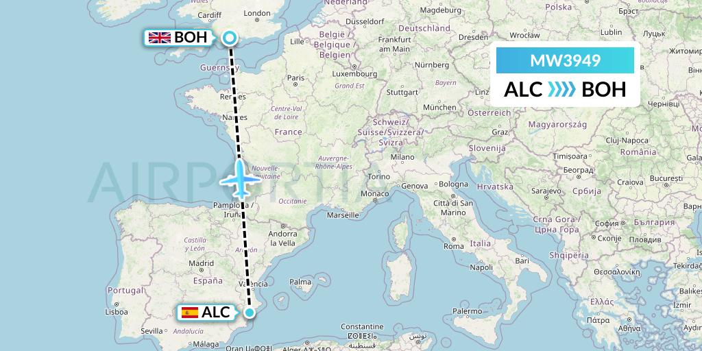 MW3949 Mokulele Flight Service Flight Map: Alicante to Bournemouth