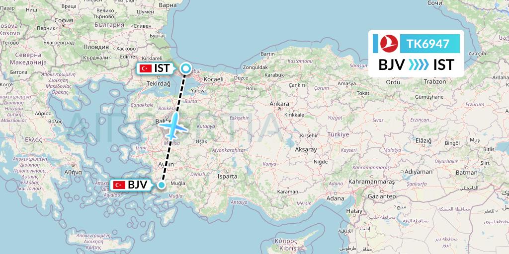 TK6947 Turkish Airlines Flight Map: Bodrum to Istanbul