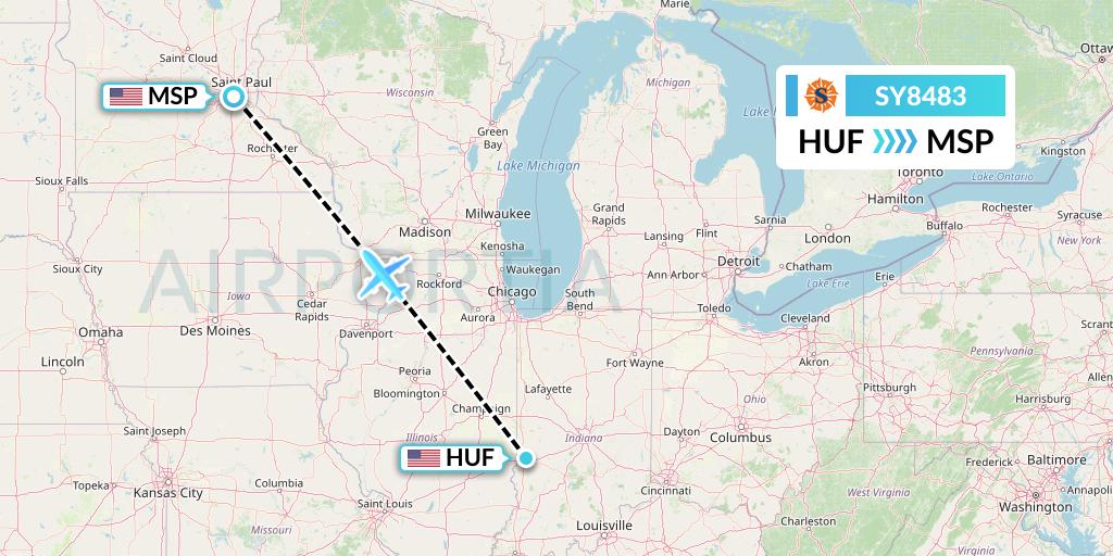 SY8483 Sun Country Airlines Flight Map: Terre Haute to Minneapolis