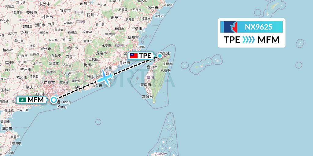 NX9625 Air Macau Flight Map: Taipei to Macau
