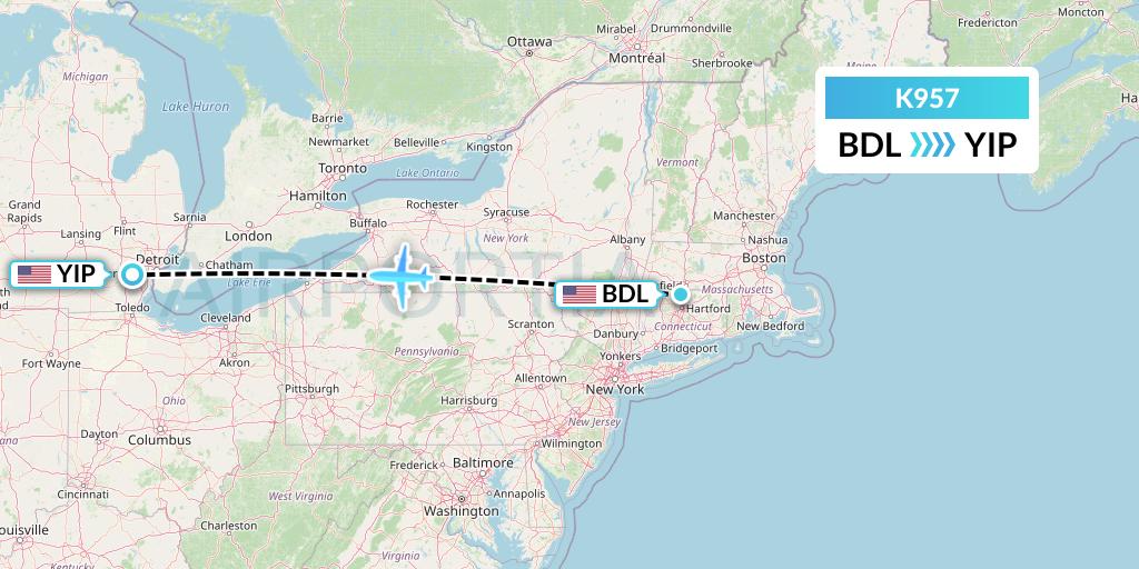 K957 Kalitta Charters Flight Map: Windsor Locks to Detroit