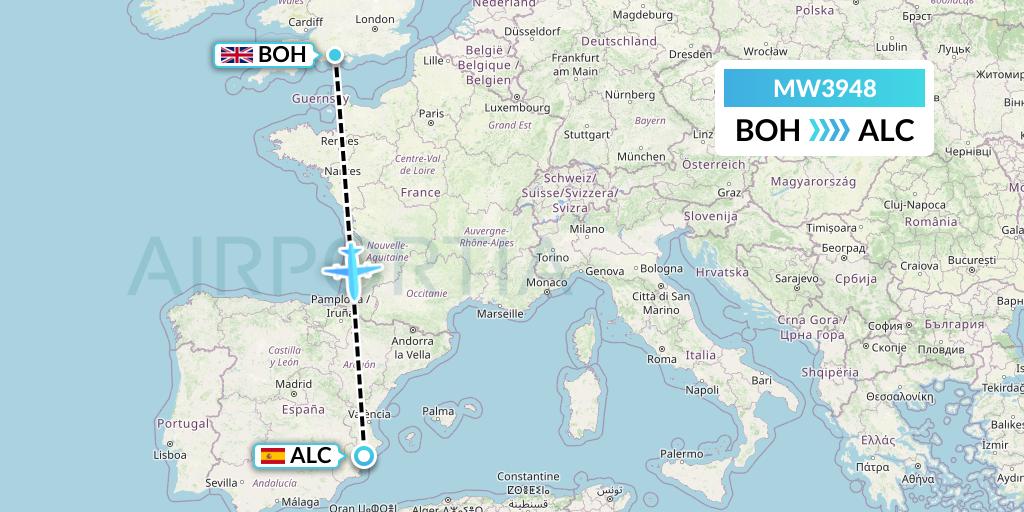 MW3948 Mokulele Flight Service Flight Map: Bournemouth to Alicante