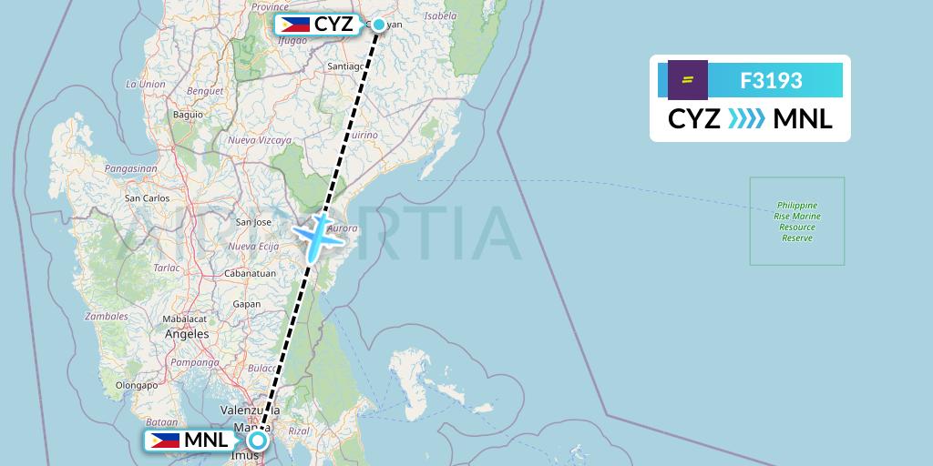 F3193 flydeal Flight Map: Cauayan City to Manila