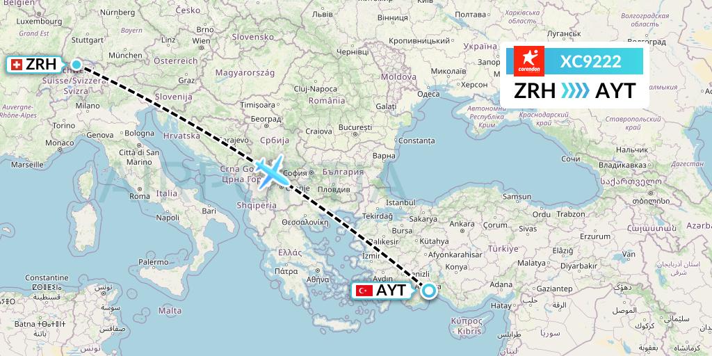 XC9222 Corendon Airlines Flight Map: Zurich to Antalya