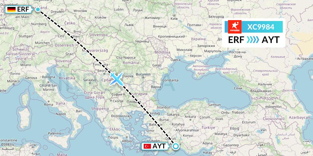 XC9984 Corendon Airlines Flight Map: Erfurt to Antalya