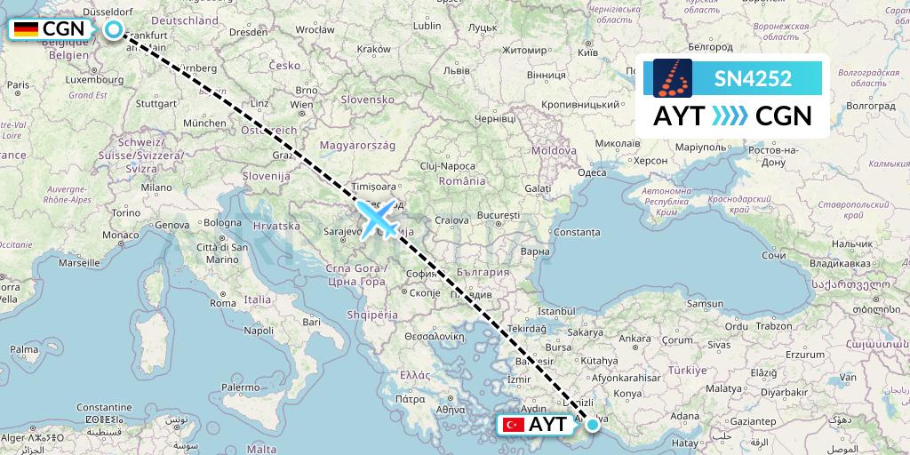 SN4252 Brussels Airlines Flight Map: Antalya to Cologne