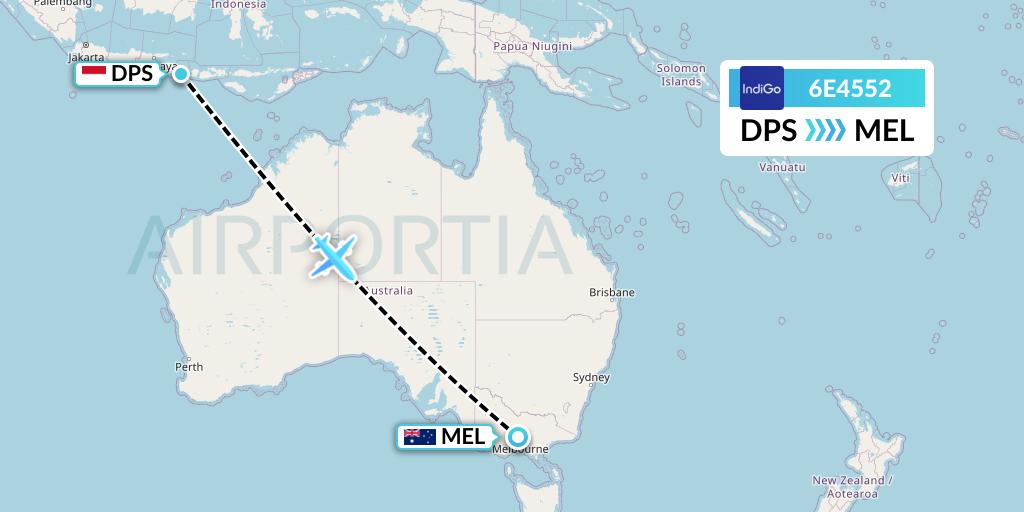 6E4552 IndiGo Airlines Flight Map: Denpasar to Melbourne