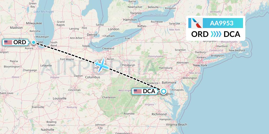 AA9953 American Airlines Flight Map: Chicago to Washington