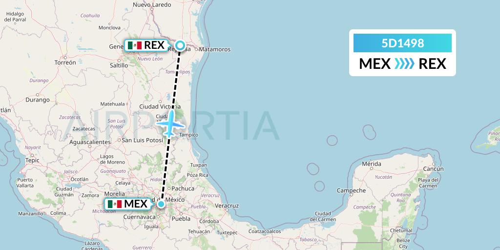 5D1498 Aeromexico Connect Flight Map: Mexico City to Reynosa