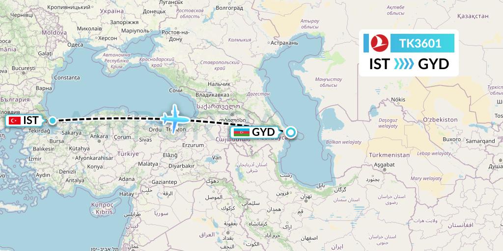TK3601 Turkish Airlines Flight Map: Istanbul to Baku