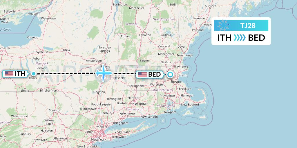 TJ28 Tradewind Aviation Flight Map: Ithaca to Bedford