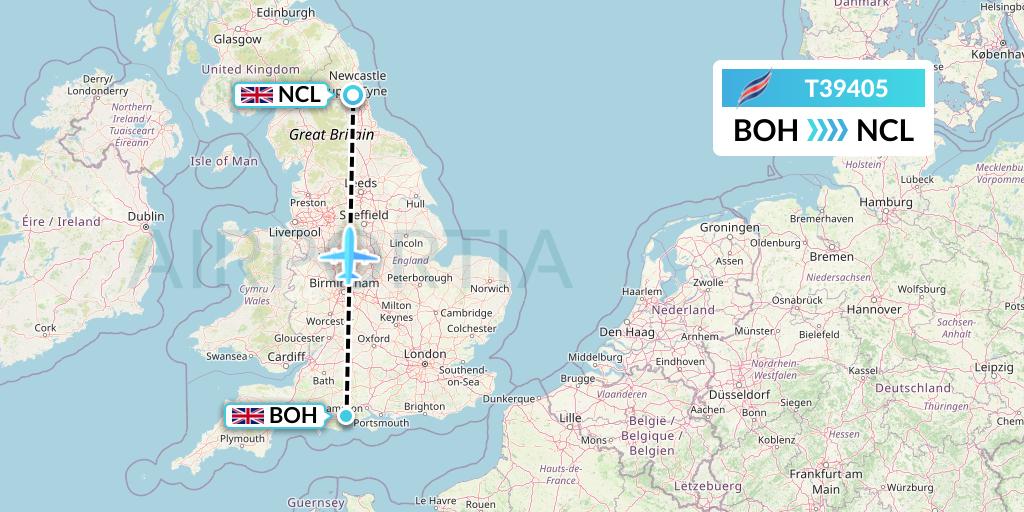 T39405 Eastern Airways Flight Map: Bournemouth to Newcastle