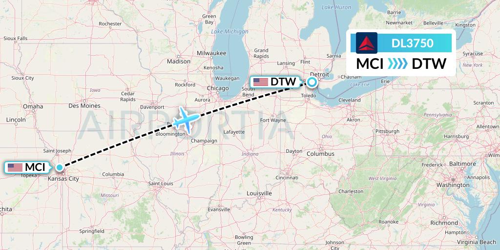 DL3750 Delta Air Lines Flight Map: Kansas City to Detroit