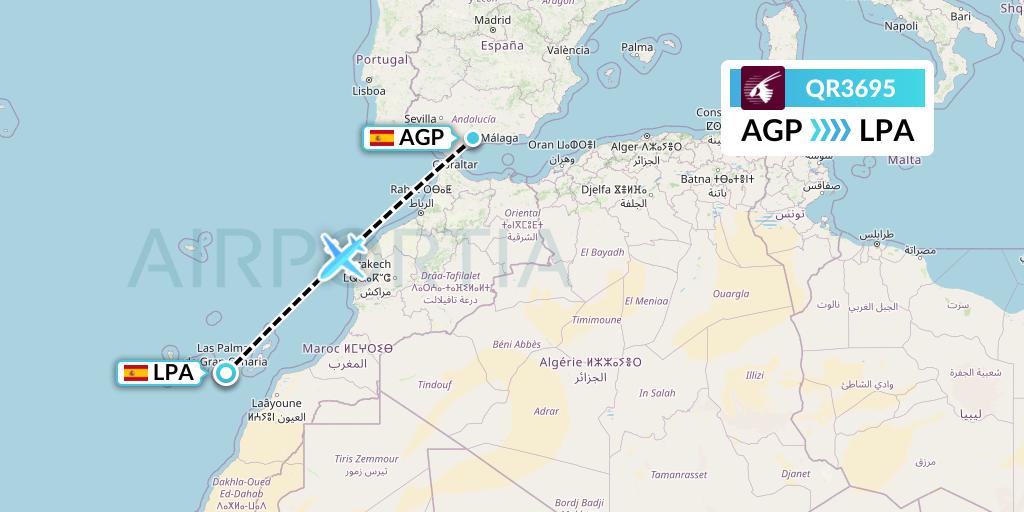 QR3695 Qatar Airways Flight Map: Malaga to Las Palmas