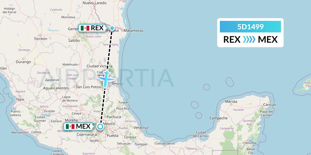 5D1499 Aeromexico Connect Flight Map: Reynosa to Mexico City