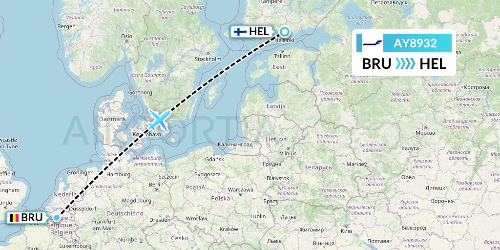 AY8932 Finnair Flight Map: Brussels to Helsinki