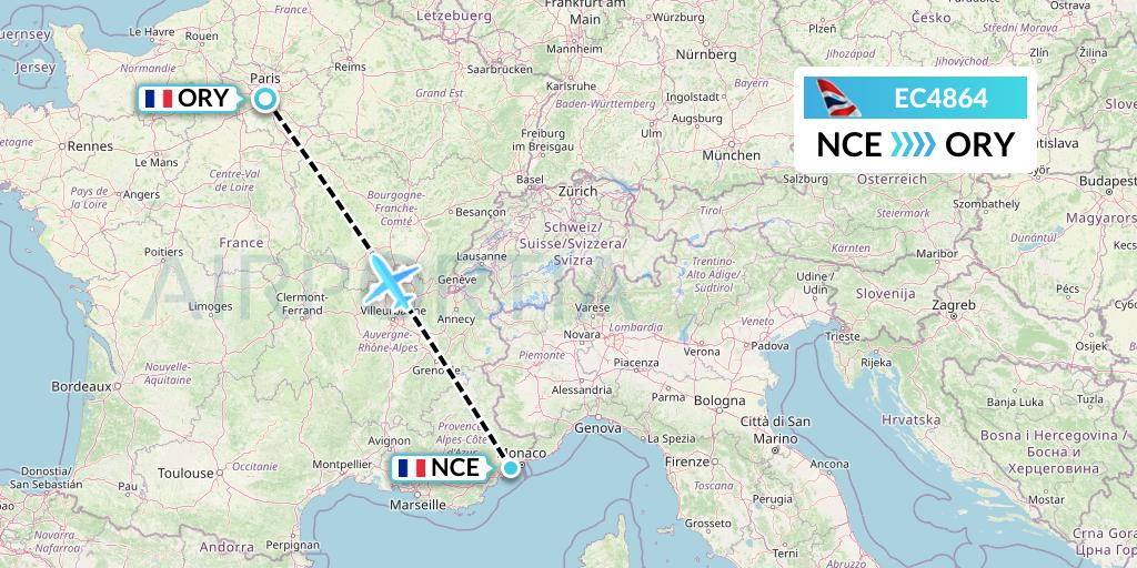 EC4864 EasyJet Europe Flight Map: Nice to Paris