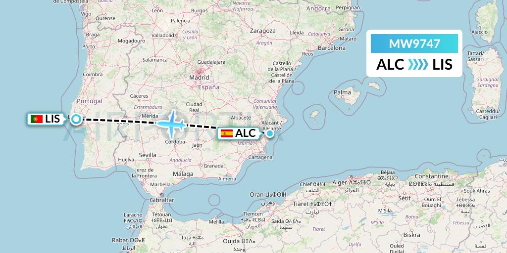 MW9747 Mokulele Flight Service Flight Map: Alicante to Lisbon