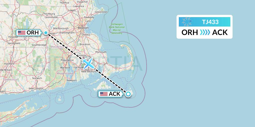 TJ433 Tradewind Aviation Flight Map: Worcester to Nantucket