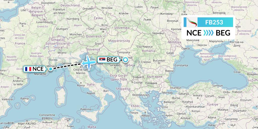 FB253 Bulgaria Air Flight Map: Nice to Belgrade
