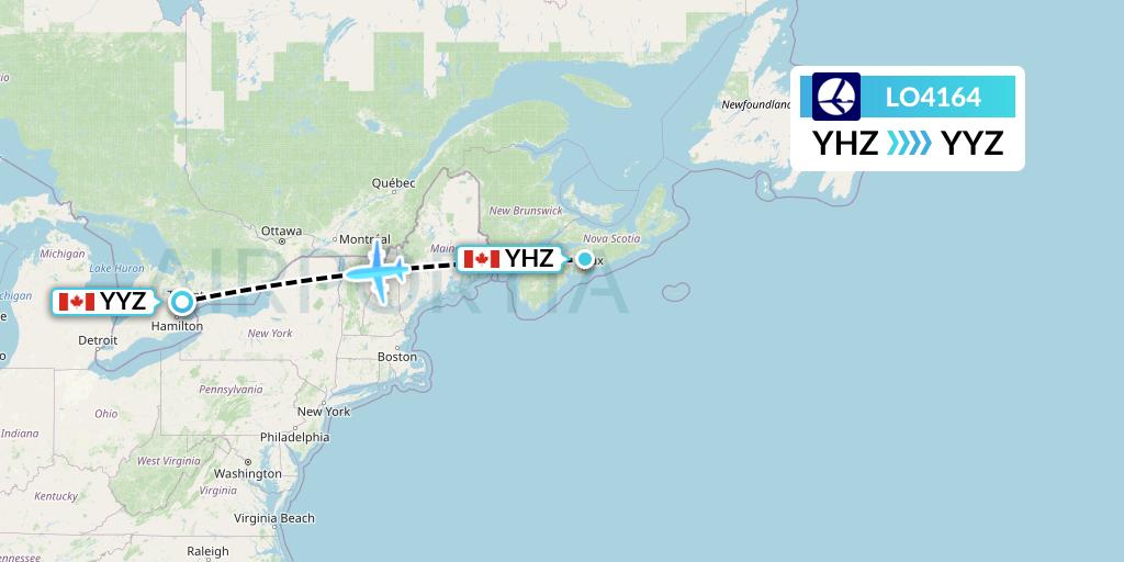 LO4164 LOT Flight Map: Halifax to Toronto