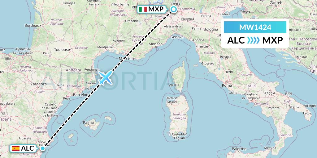 MW1424 Mokulele Flight Service Flight Map: Alicante to Milan