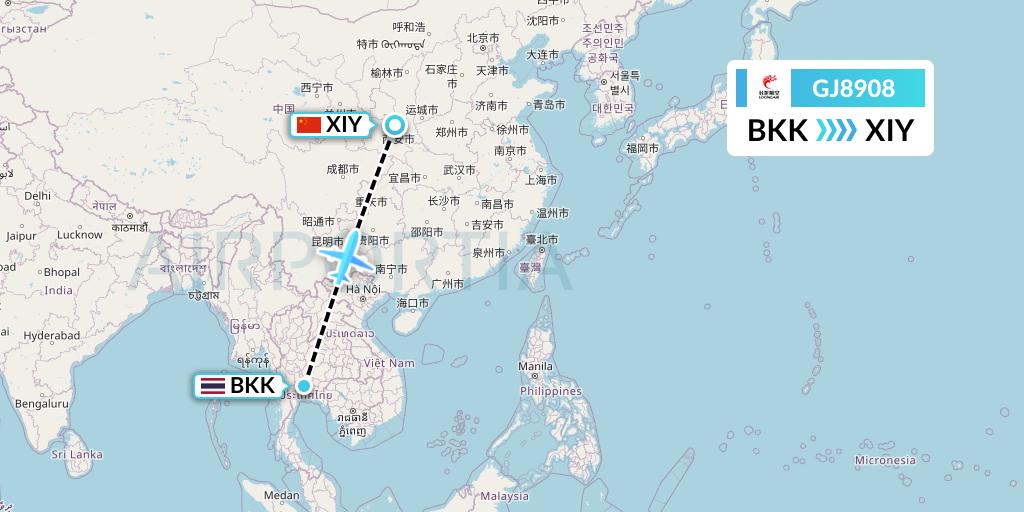 GJ8908 Loong Airlines Flight Map: Bangkok to Xi'an