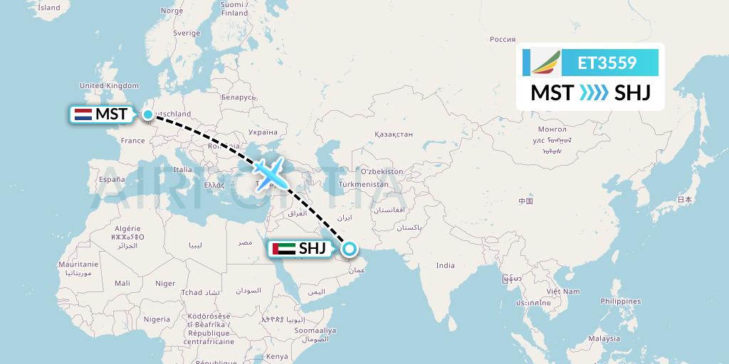 ET3559 Ethiopian Airlines Flight Map: Maastricht to Sharjah