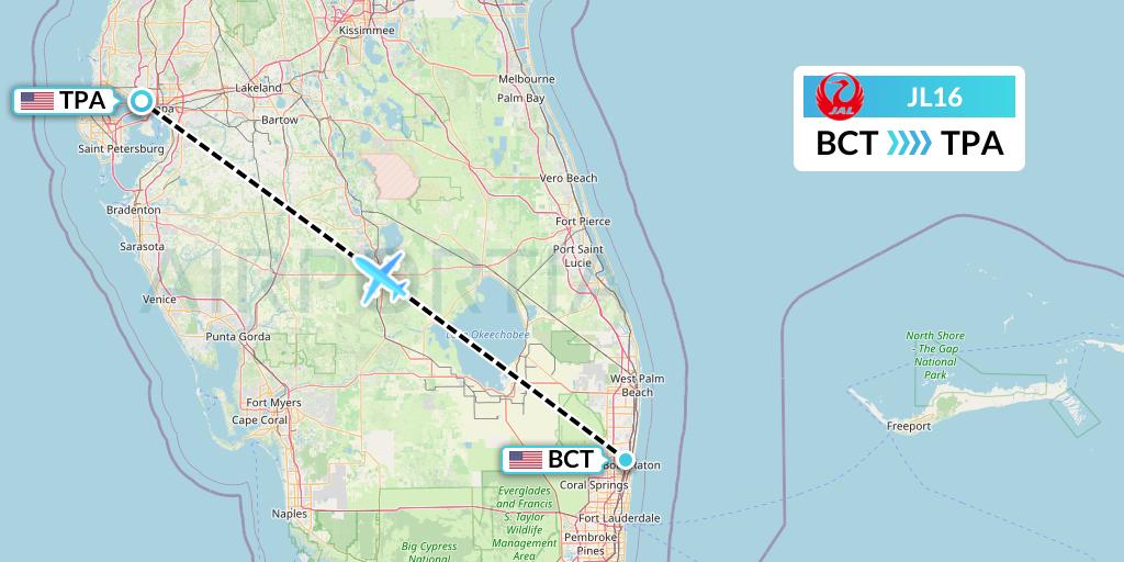 JL16 Japan Airlines Flight Map: Boca Raton to Tampa