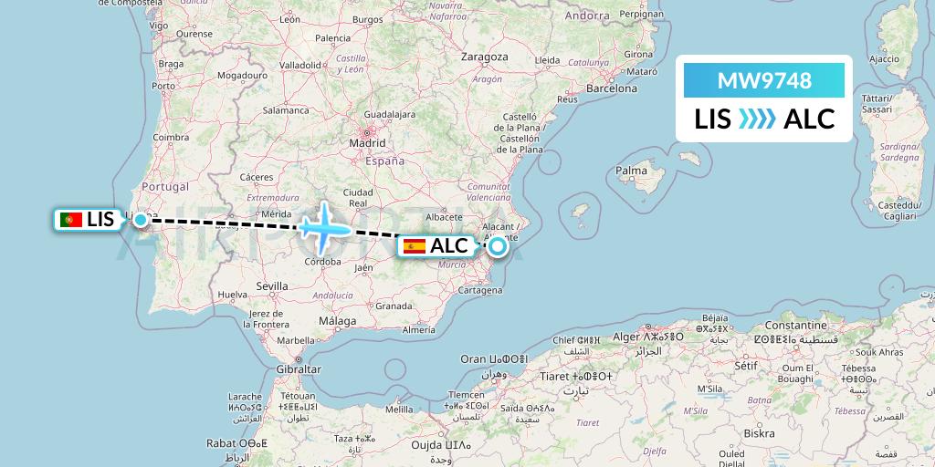 MW9748 Mokulele Flight Service Flight Map: Lisbon to Alicante