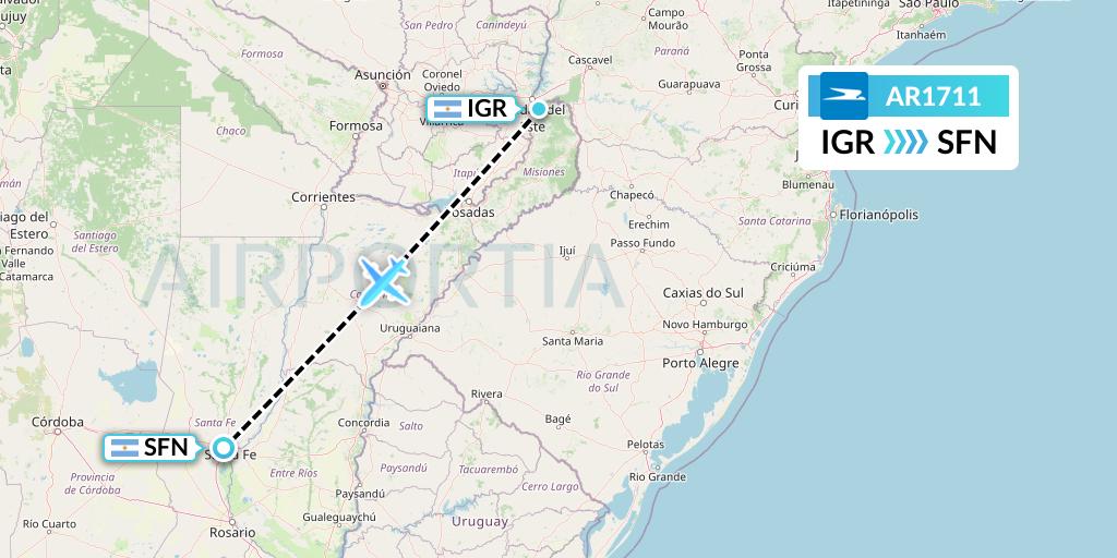 AR1711 Aerolineas Argentinas Flight Map: Puerto Iguazu to Santa Fe