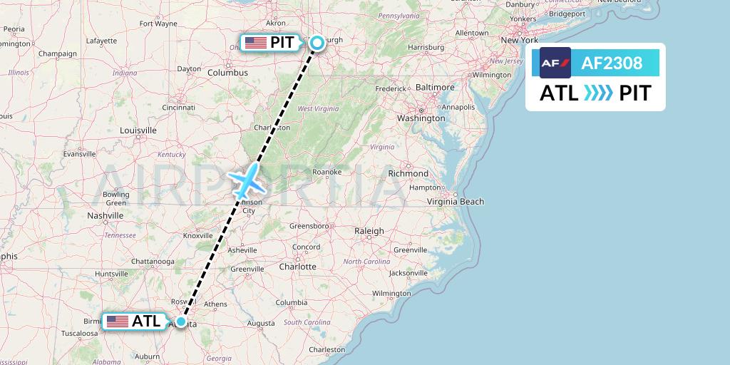 AF2308 Air France Flight Map: Atlanta to Pittsburgh